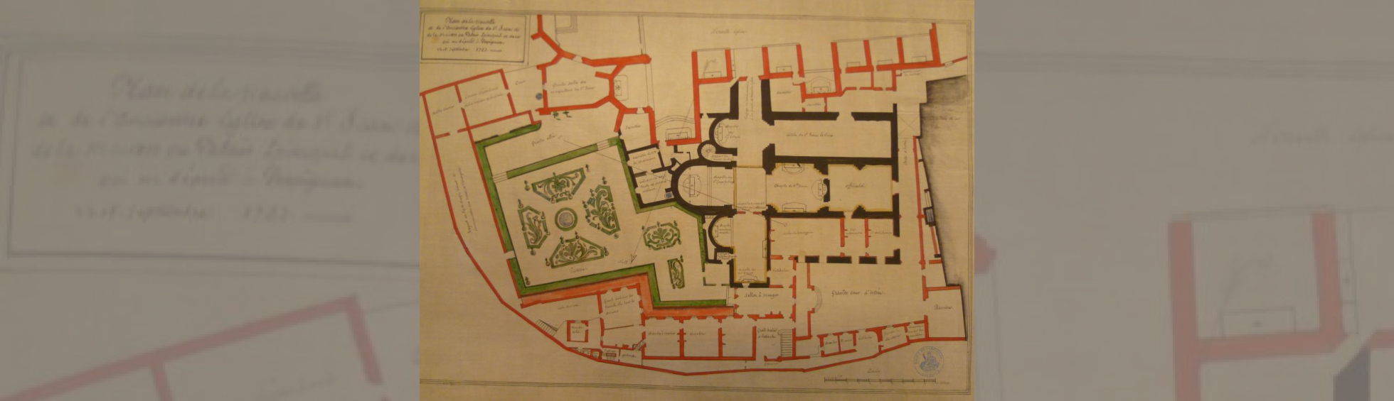 Plan d'une église à 3 nefs , du logement de l'archipretre et d'un jardin à la francaise