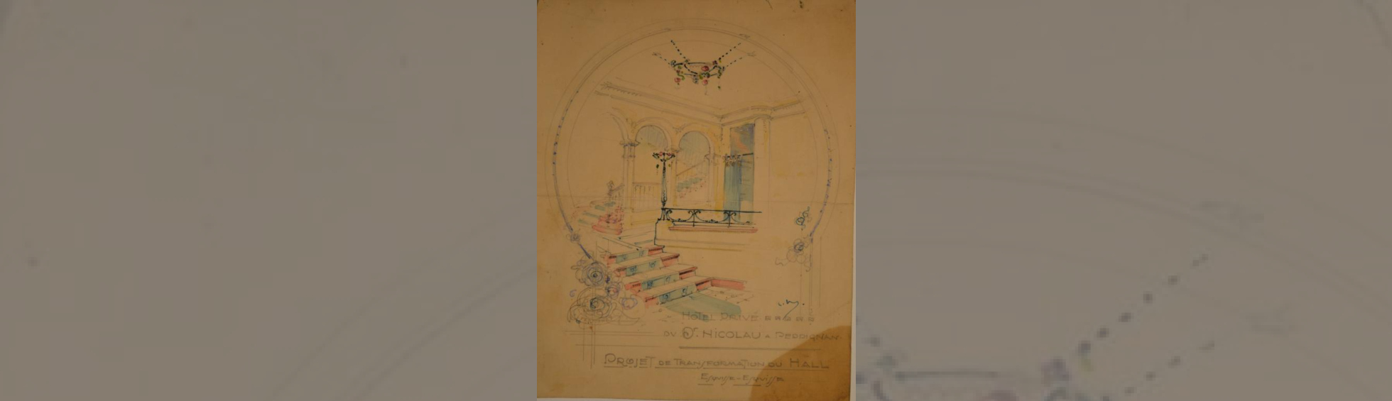 Croquis pour le hall de  l'hotel Nicolau.:style classique à colonnade et arcs