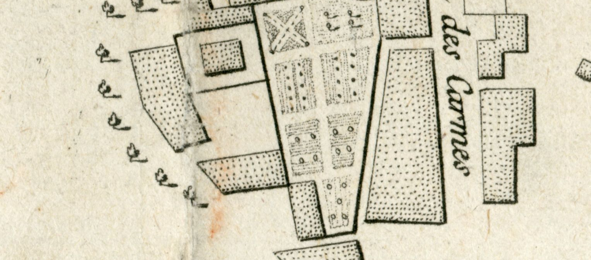 Gravue :l'église , son cloitre et des jardins en rolongement du chevet et des batiments conventuels